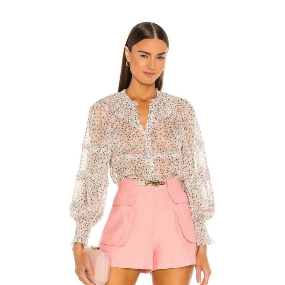 Alice + Olivia Pink and Green Floral Blouse, NWT, Size XS, High Fashion